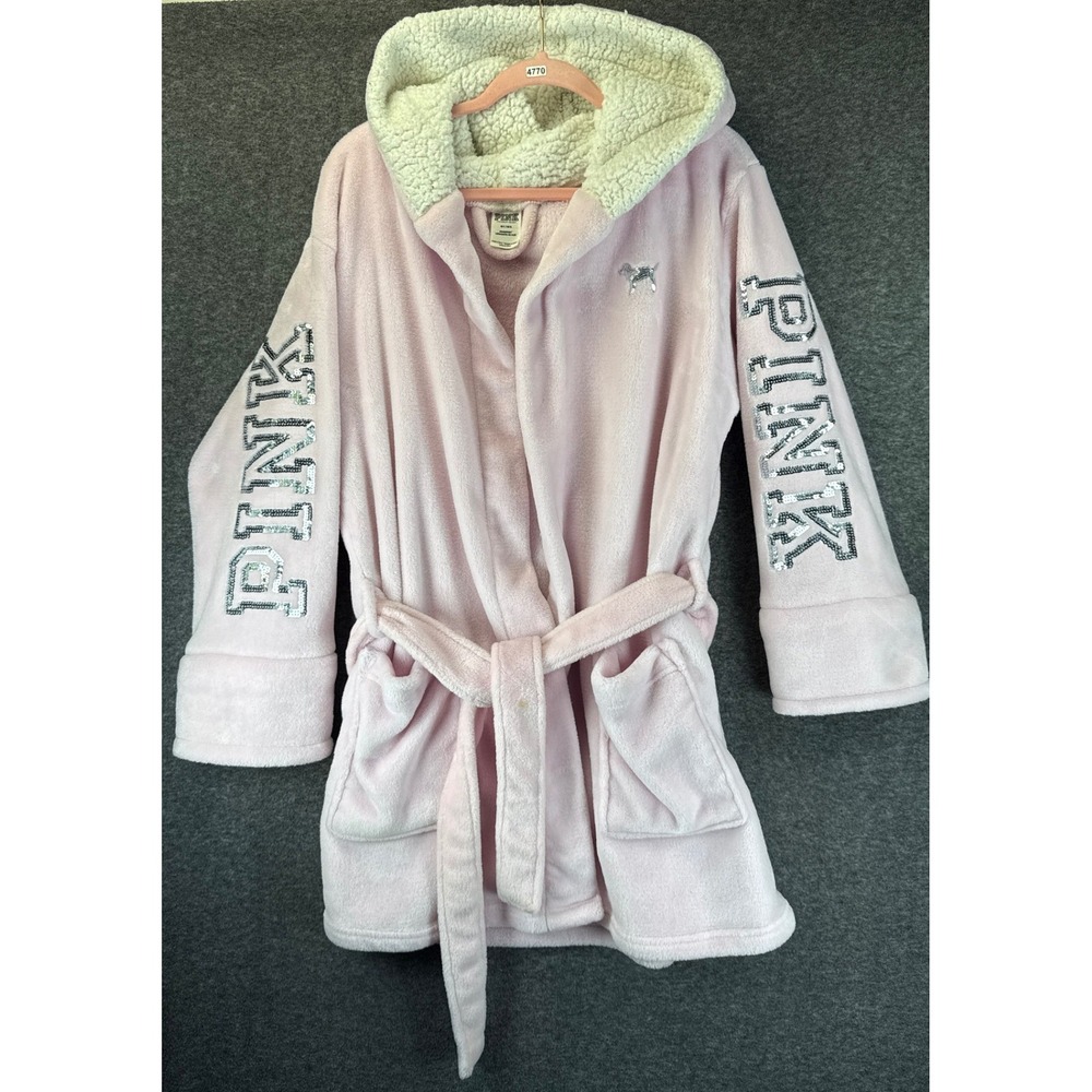PINK Victoria's Secret Robe Women M/L Soft Sleepwear Sequin Sherpa Hooded Fleece